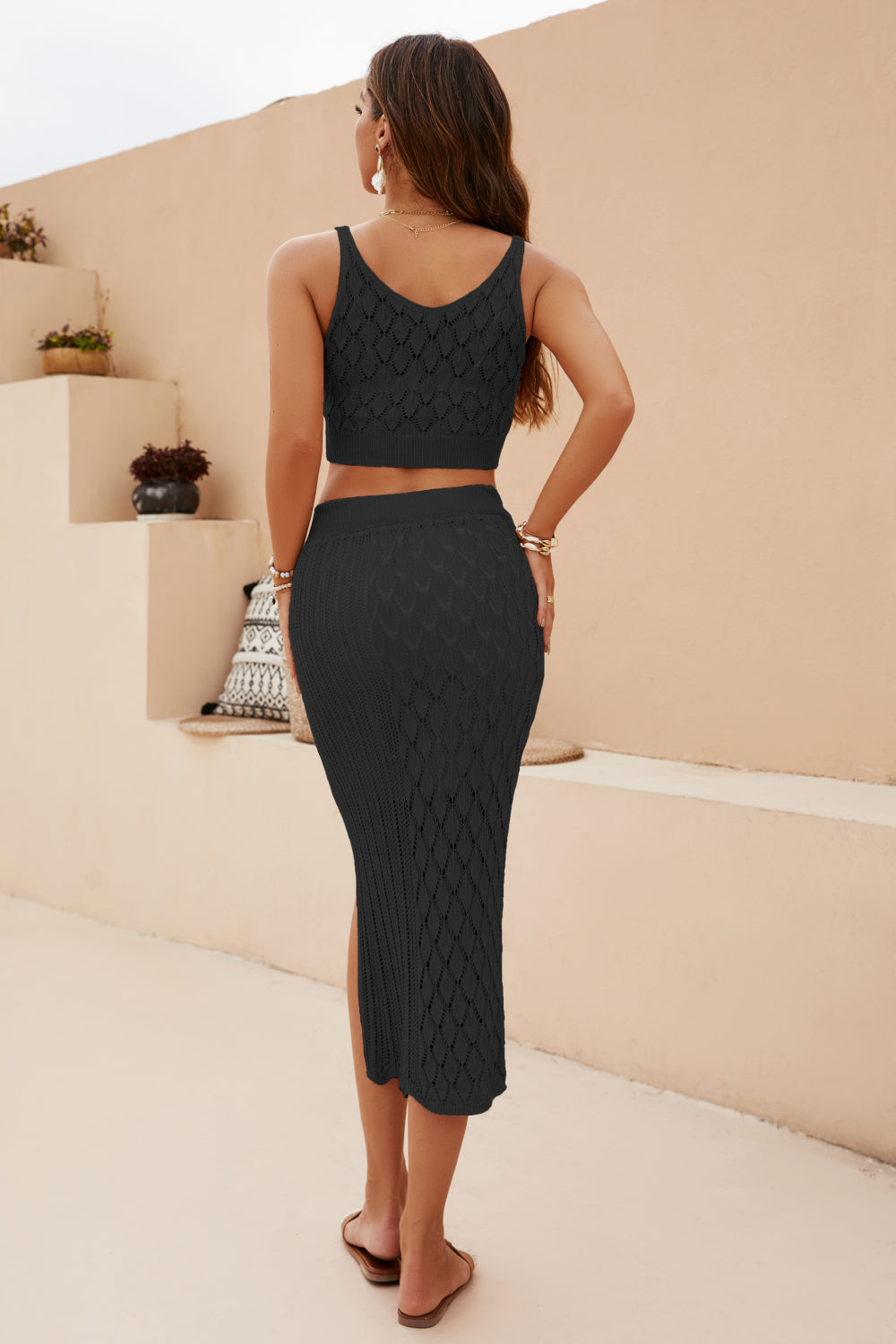 Chic Openwork Cropped Tank & Split Skirt Set