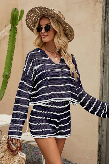 Casual Striped Openwork Hoodie & Shorts Set