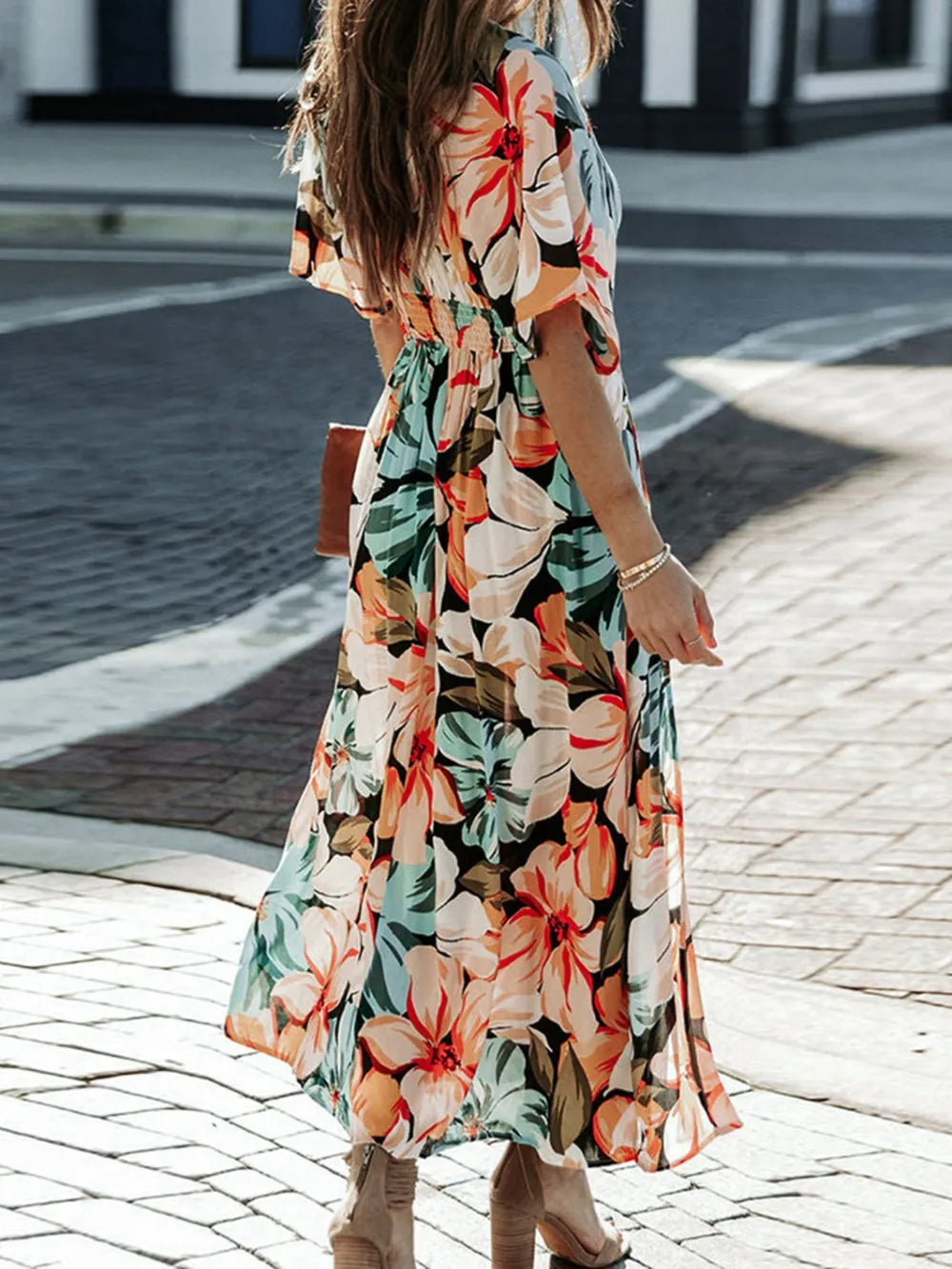 Floral Plunge Half Sleeve Dress - V.I.P Digital Presence