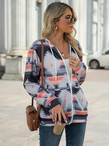 Geometric Zip Up Long Sleeve Hooded Jacket - V.I.P Digital Presence