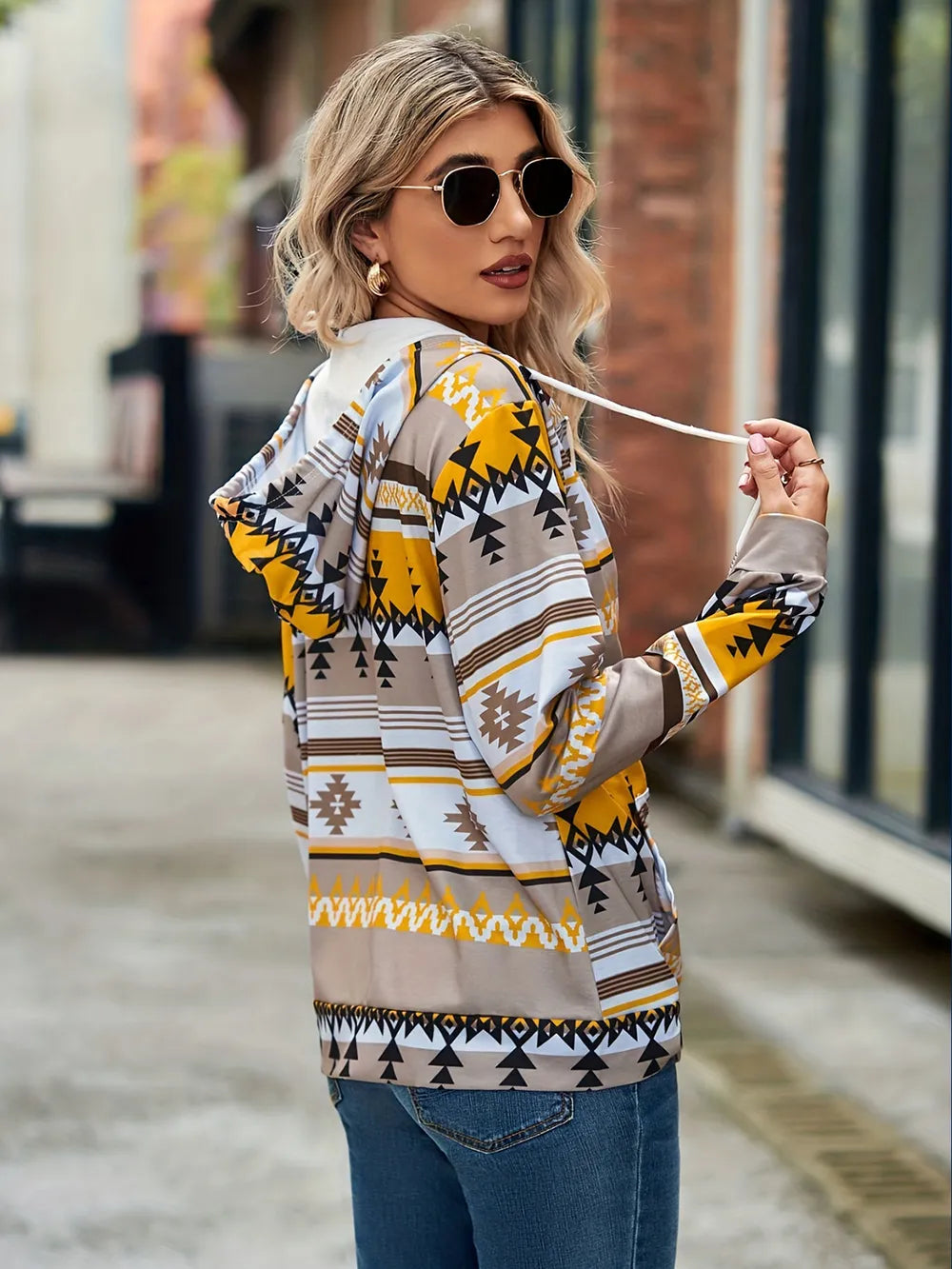 Geometric Zip Up Long Sleeve Hooded Jacket - V.I.P Digital Presence