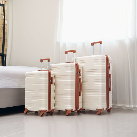Hardshell Luggage Sets 3 Pcs Spinner Suitcase with TSA Lock Lightweight 20''24''28''  Brown+White + ABS - V.I.P Digital Presence