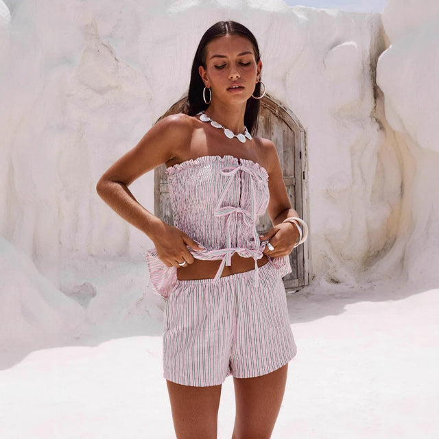 New strapless slim fit olive top shorts set for casual vacation style summer - V.I.P Digital Presence