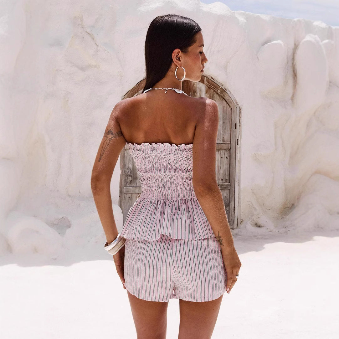 New strapless slim fit olive top shorts set for casual vacation style summer - V.I.P Digital Presence