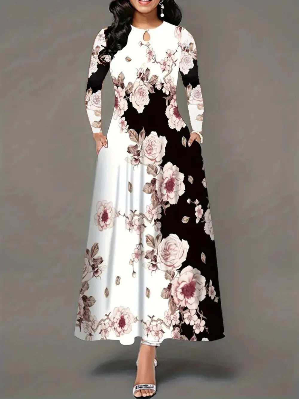 Pocketed Printed Long Sleeve Dress - V.I.P Digital Presence