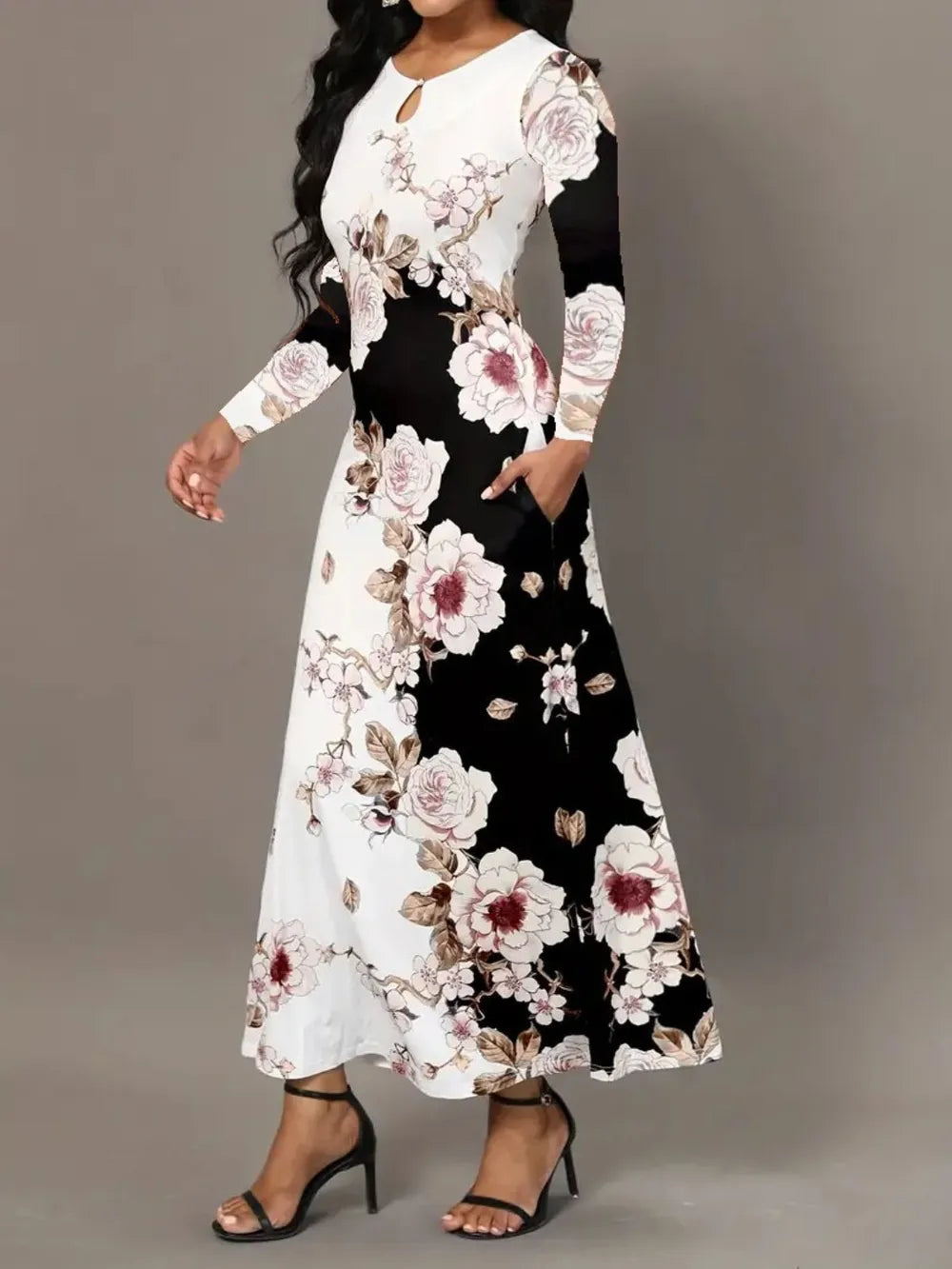 Pocketed Printed Long Sleeve Dress - V.I.P Digital Presence