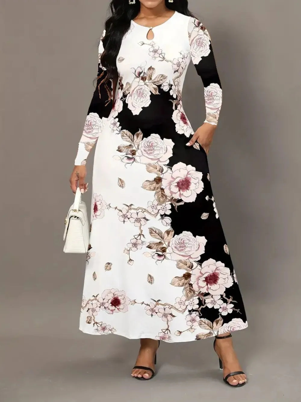 Pocketed Printed Long Sleeve Dress - V.I.P Digital Presence