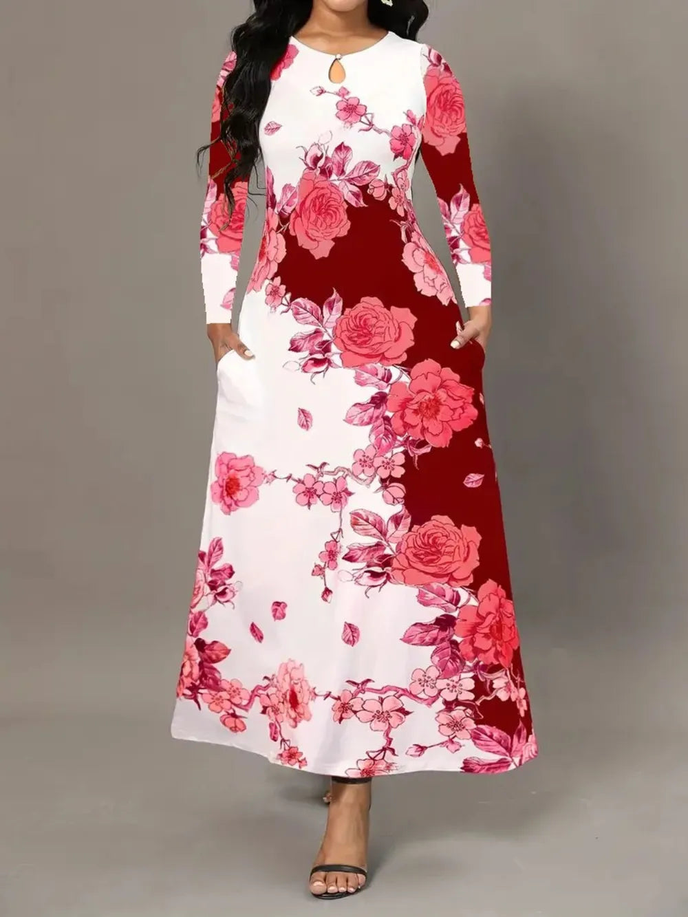 Pocketed Printed Long Sleeve Dress - V.I.P Digital Presence