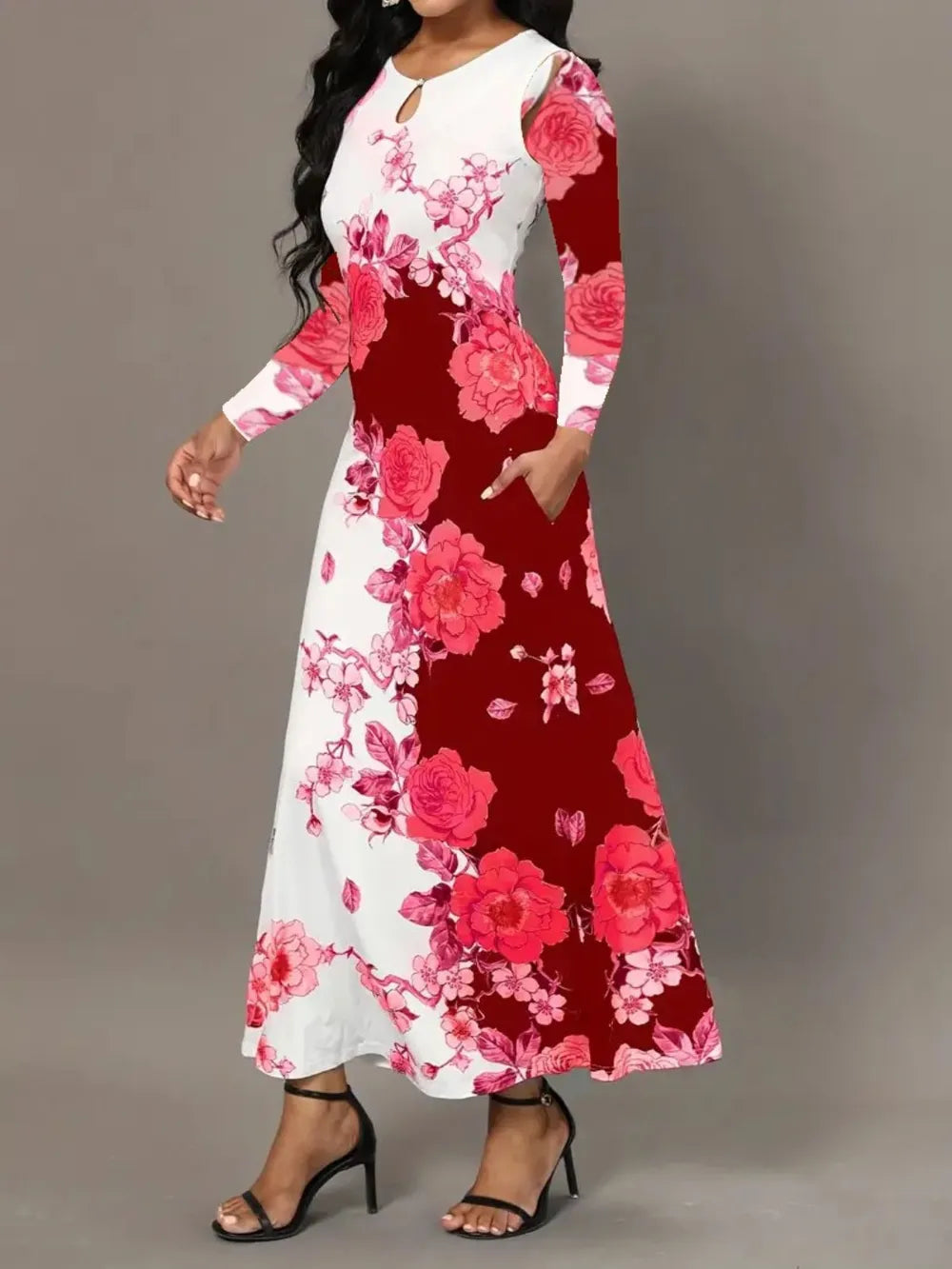 Pocketed Printed Long Sleeve Dress - V.I.P Digital Presence