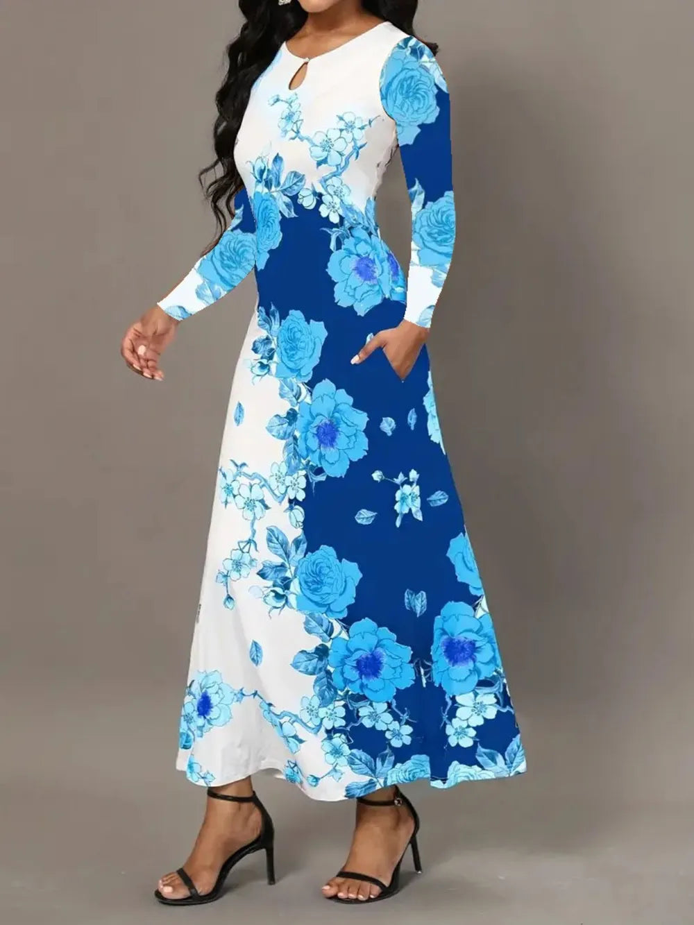 Pocketed Printed Long Sleeve Dress - V.I.P Digital Presence