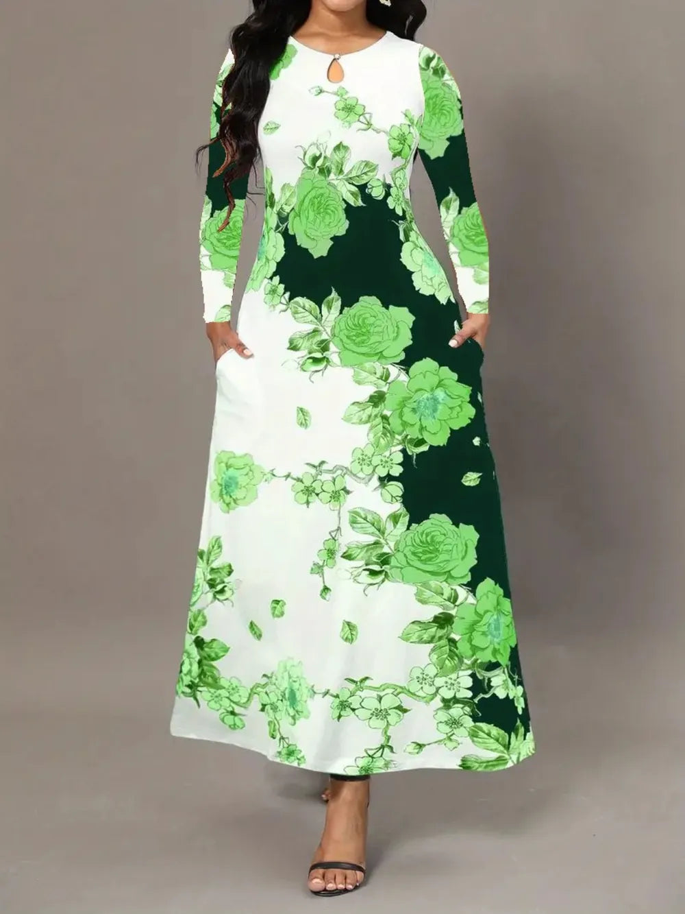 Pocketed Printed Long Sleeve Dress - V.I.P Digital Presence