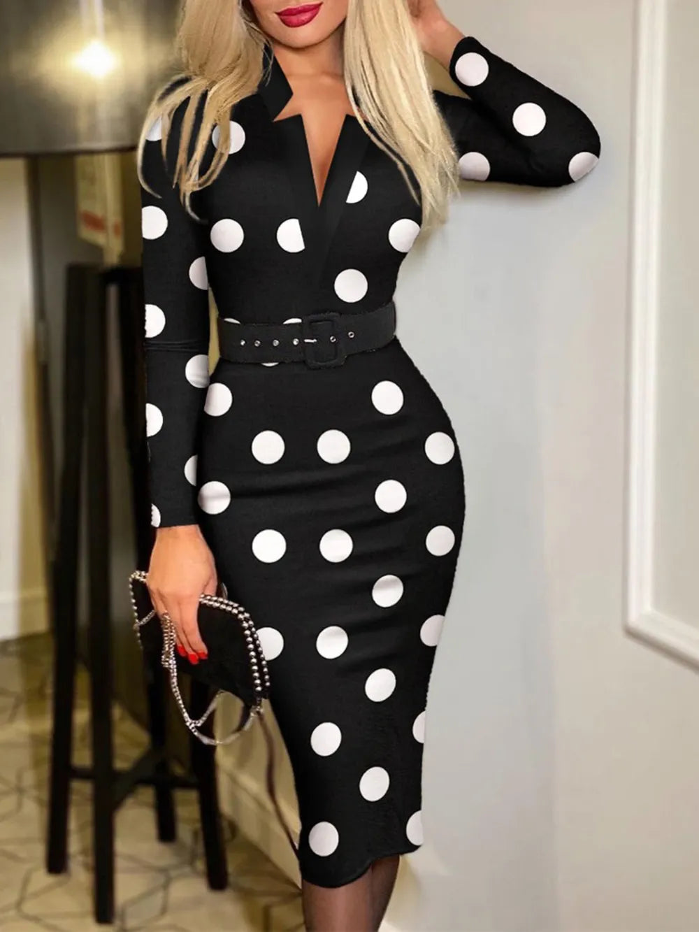 Printed Notched Long Sleeve Wrap Dress - V.I.P Digital Presence
