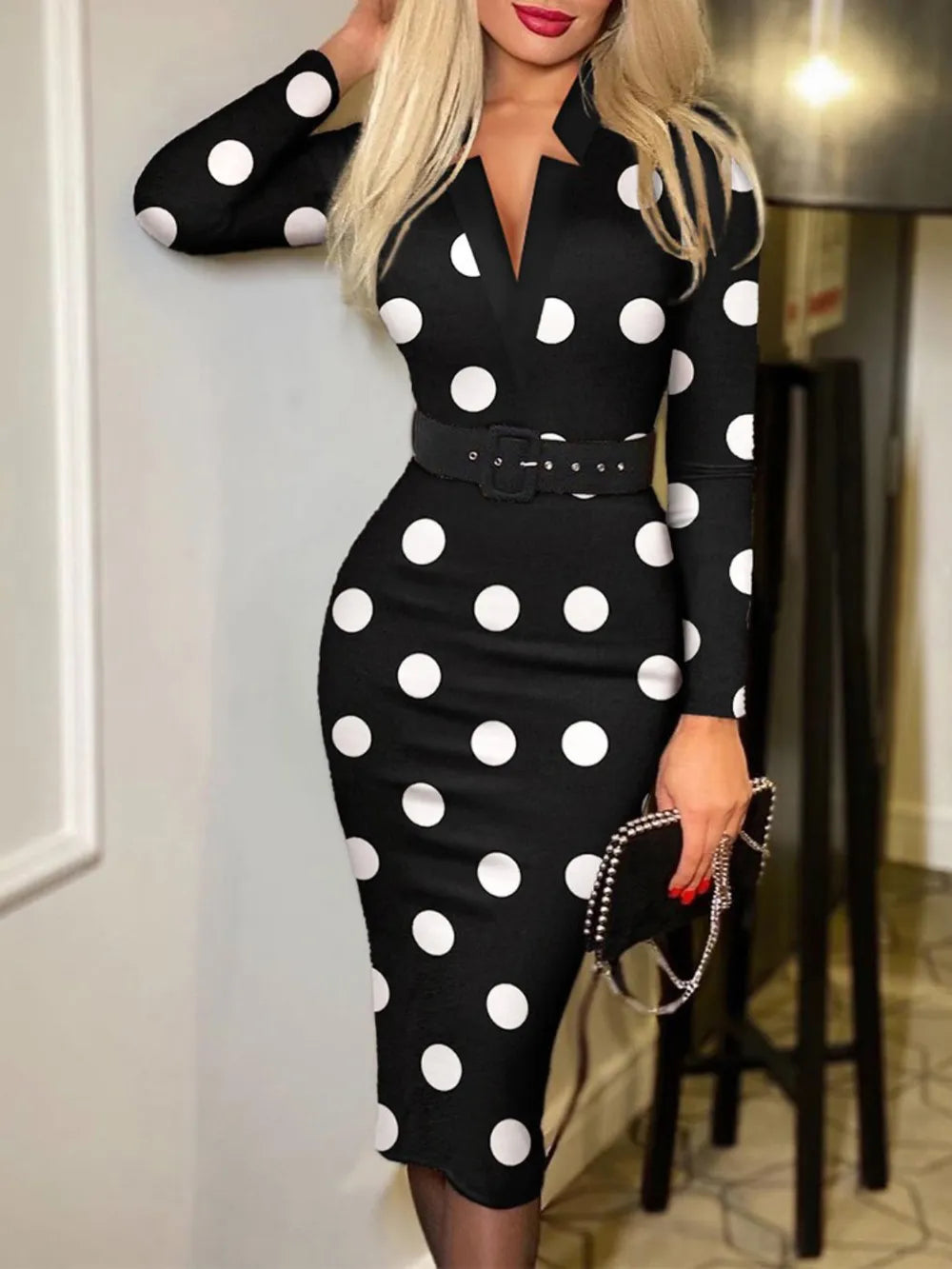 Printed Notched Long Sleeve Wrap Dress - V.I.P Digital Presence