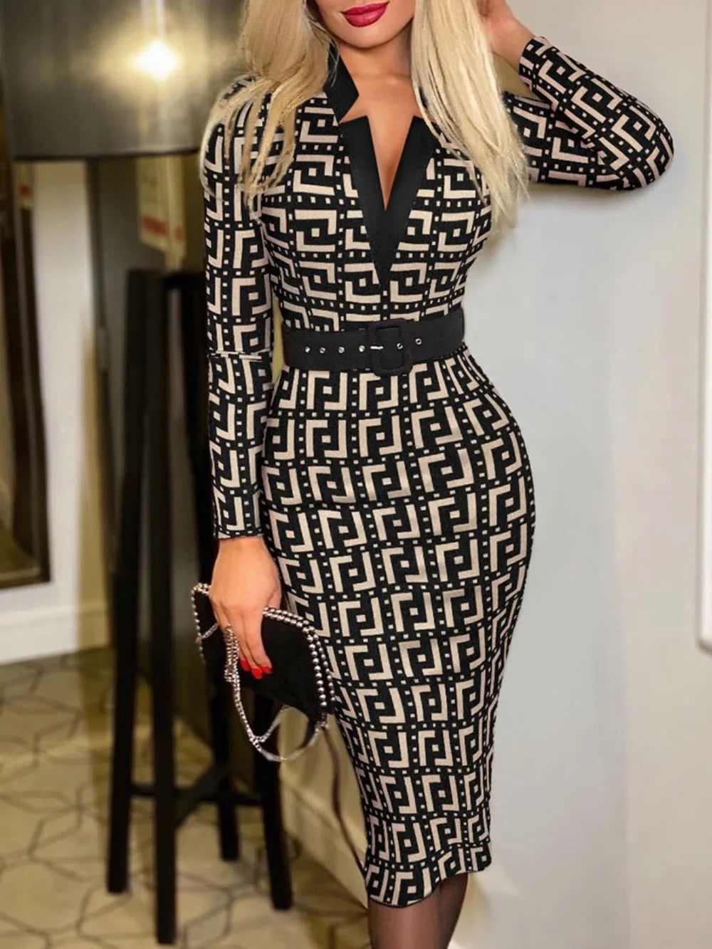 Printed Notched Long Sleeve Wrap Dress - V.I.P Digital Presence