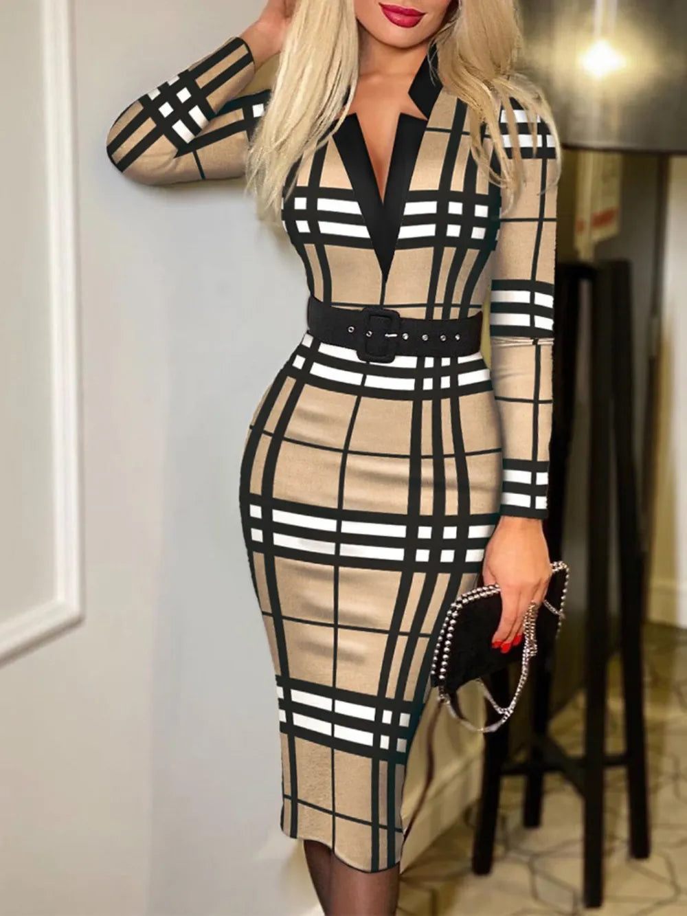Printed Notched Long Sleeve Wrap Dress - V.I.P Digital Presence