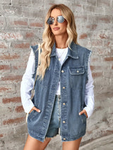 Raw Hem Sleeveless Button Up Denim Jacket - V.I.P Digital Presence