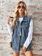 Raw Hem Sleeveless Button Up Denim Jacket - V.I.P Digital Presence
