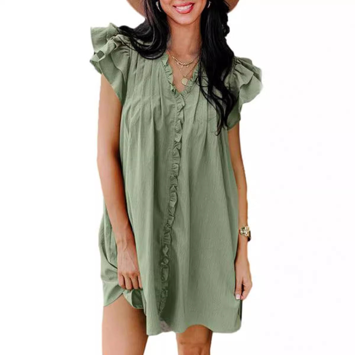 Ruffled V-Neck Cap Sleeve Mini Dress - V.I.P Digital Presence