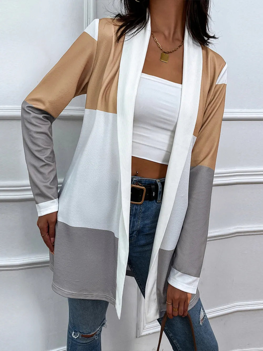 Shiny Color Block Open Front Cardigan - V.I.P Digital Presence
