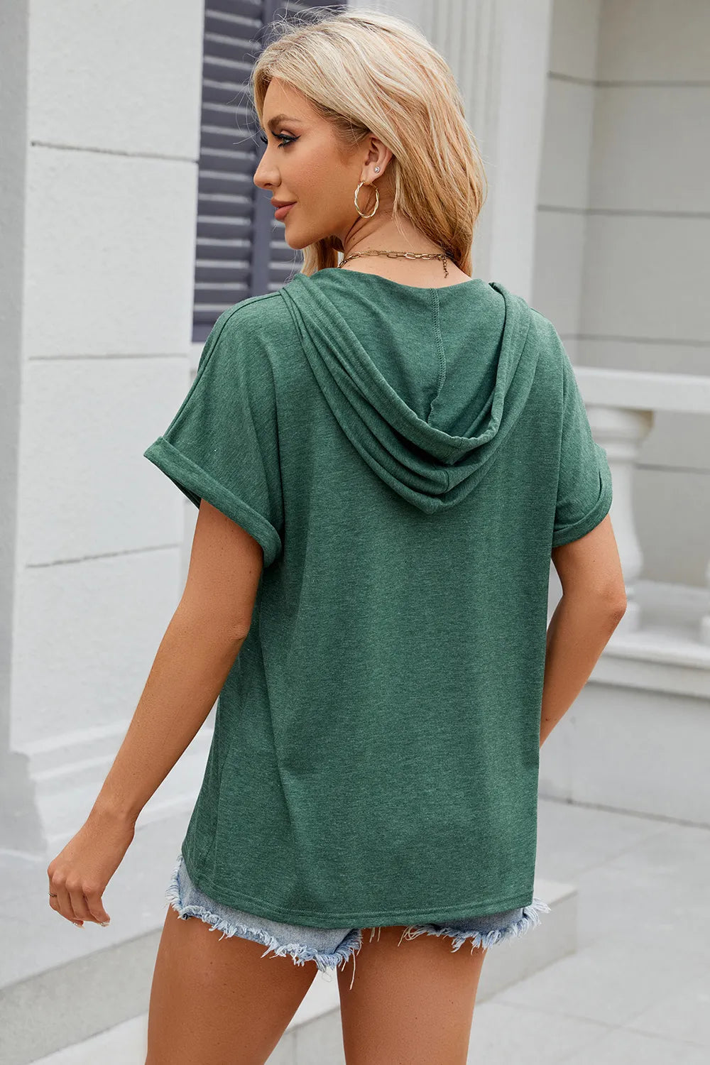 Solid color hooded button loose short sleeved T-shirt top for women - V.I.P Digital Presence