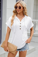 Solid color hooded button loose short sleeved T-shirt top for women - V.I.P Digital Presence