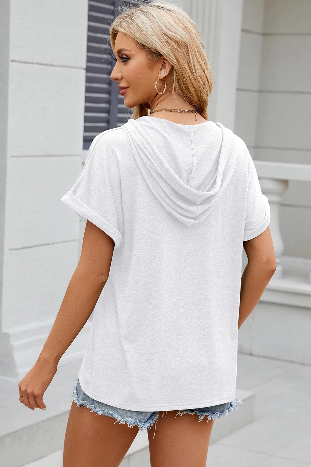 Solid color hooded button loose short sleeved T-shirt top for women - V.I.P Digital Presence