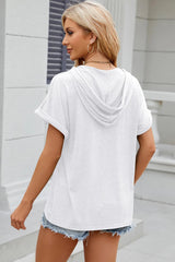 Solid color hooded button loose short sleeved T-shirt top for women - V.I.P Digital Presence