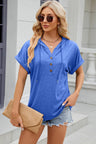 Solid color hooded button loose short sleeved T-shirt top for women - V.I.P Digital Presence
