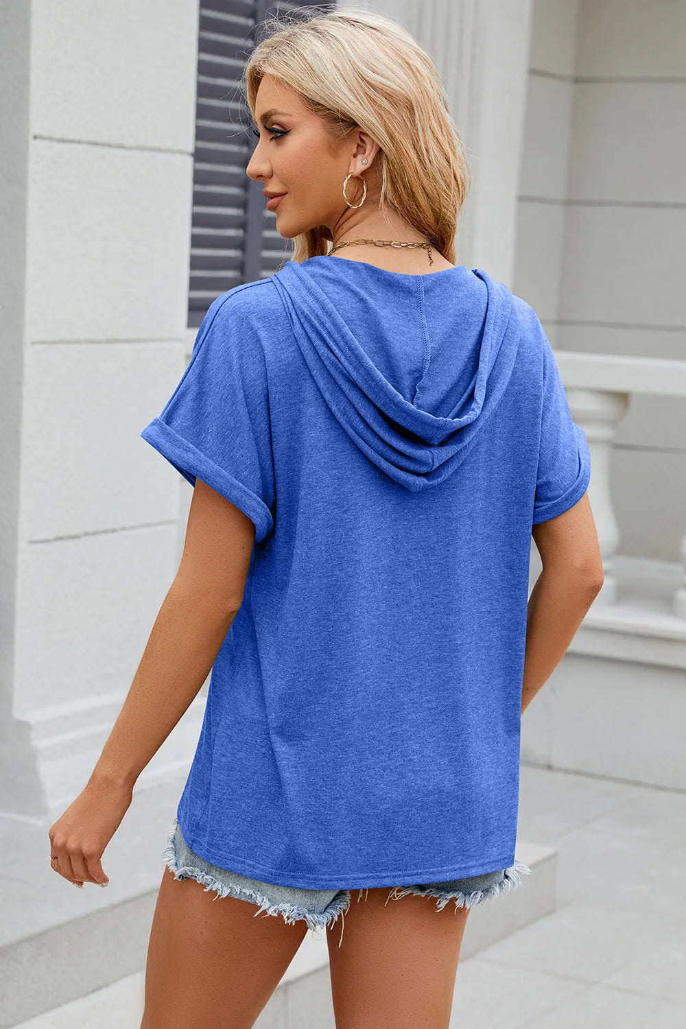 Solid color hooded button loose short sleeved T-shirt top for women - V.I.P Digital Presence