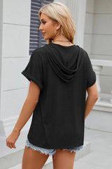Solid color hooded button loose short sleeved T-shirt top for women - V.I.P Digital Presence