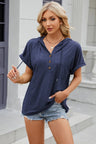 Solid color hooded button loose short sleeved T-shirt top for women - V.I.P Digital Presence
