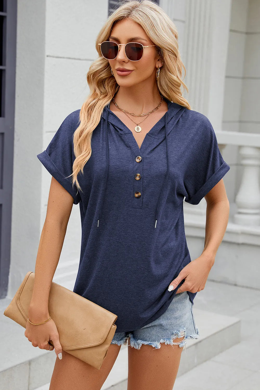 Solid color hooded button loose short sleeved T-shirt top for women - V.I.P Digital Presence