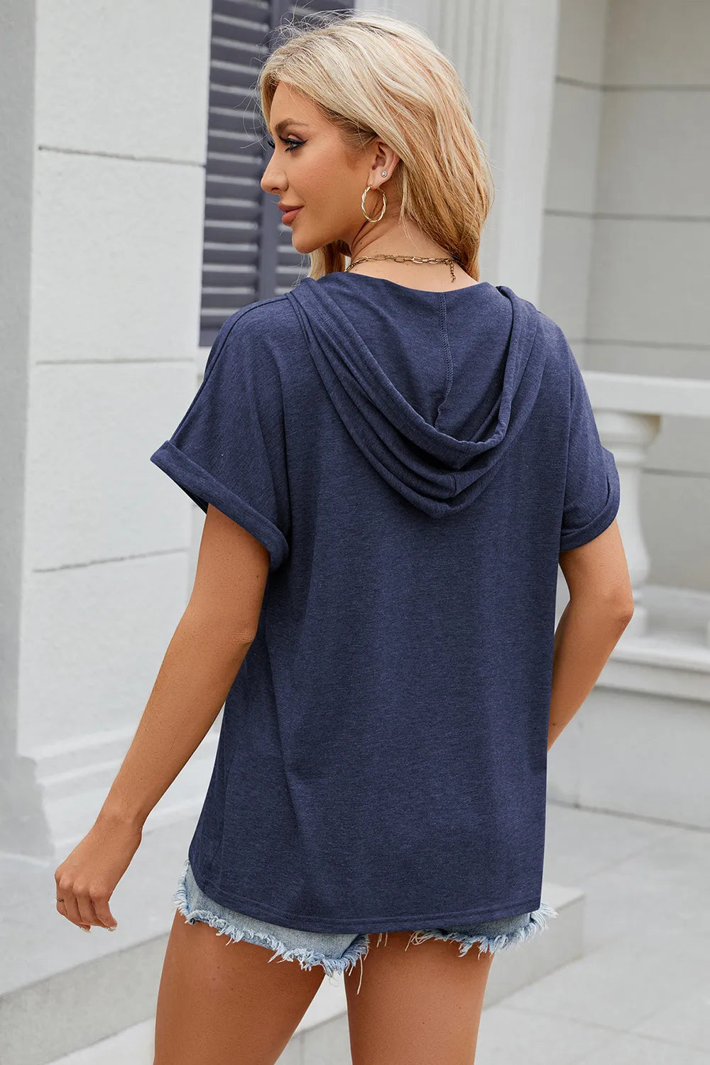 Solid color hooded button loose short sleeved T-shirt top for women - V.I.P Digital Presence