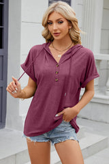 Solid color hooded button loose short sleeved T-shirt top for women - V.I.P Digital Presence