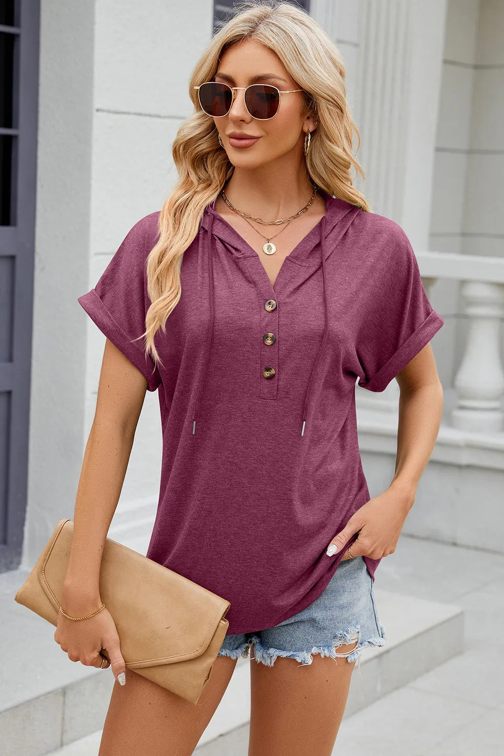 Solid color hooded button loose short sleeved T-shirt top for women - V.I.P Digital Presence