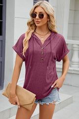 Solid color hooded button loose short sleeved T-shirt top for women - V.I.P Digital Presence