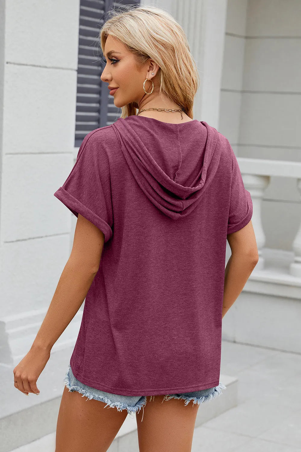 Solid color hooded button loose short sleeved T-shirt top for women - V.I.P Digital Presence