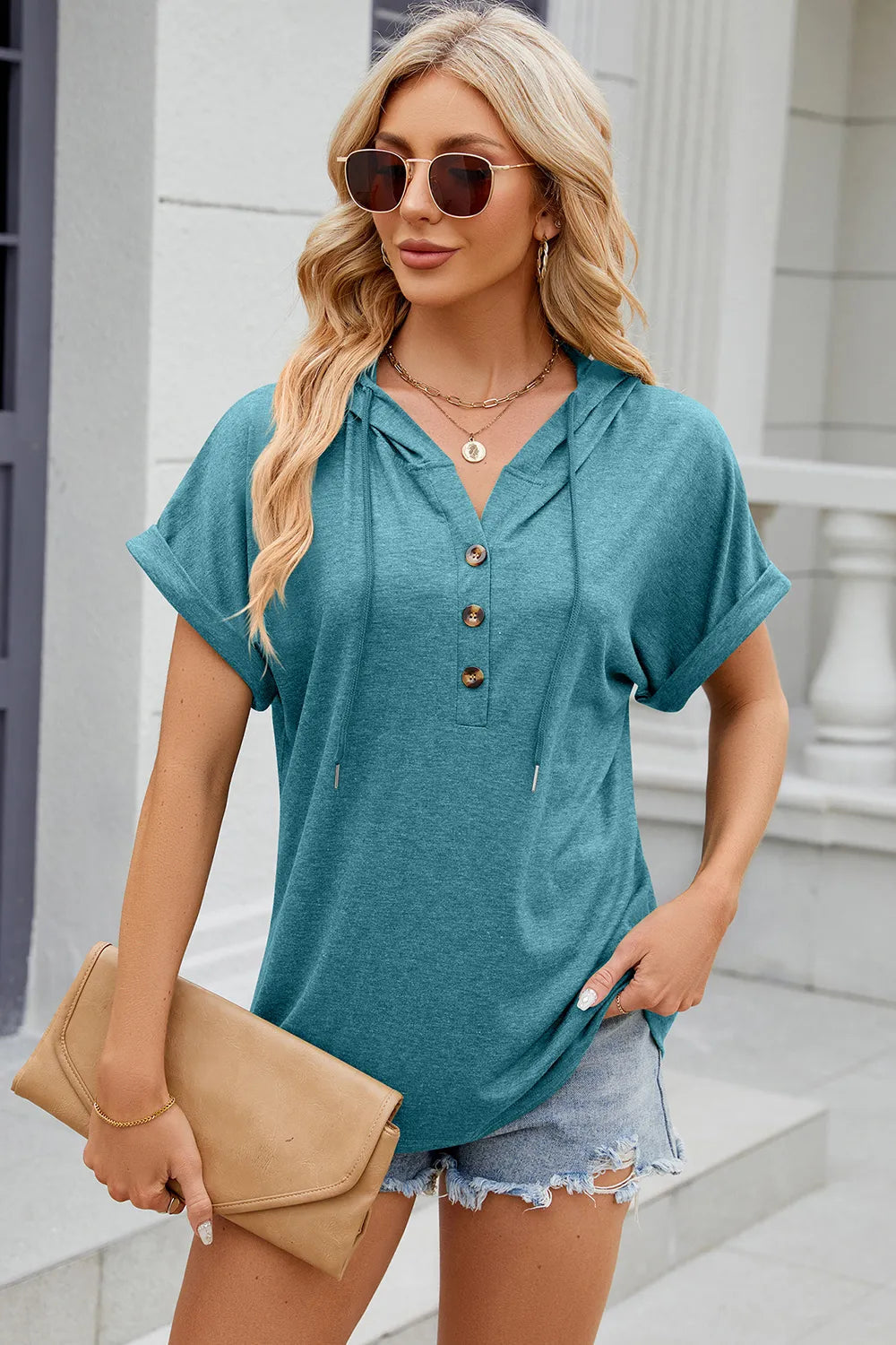 Solid color hooded button loose short sleeved T-shirt top for women - V.I.P Digital Presence