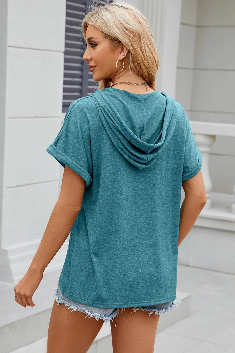 Solid color hooded button loose short sleeved T-shirt top for women - V.I.P Digital Presence