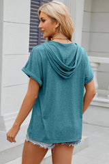Solid color hooded button loose short sleeved T-shirt top for women - V.I.P Digital Presence