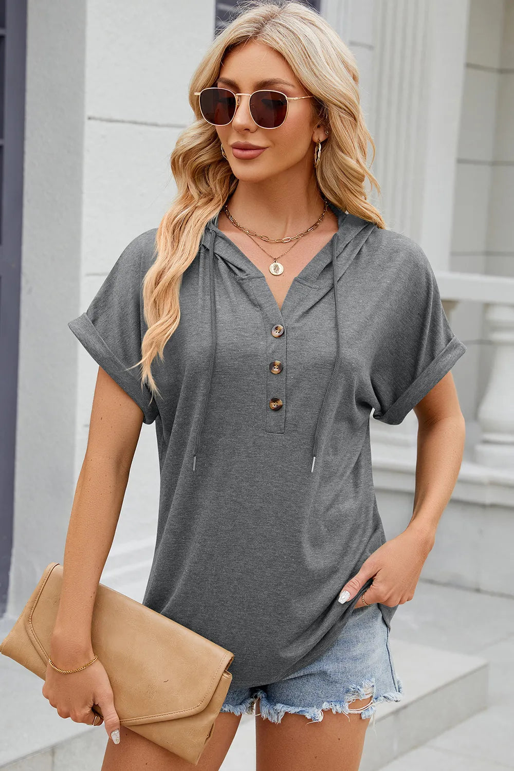 Solid color hooded button loose short sleeved T-shirt top for women - V.I.P Digital Presence