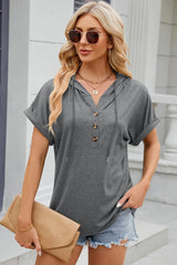 Solid color hooded button loose short sleeved T-shirt top for women - V.I.P Digital Presence