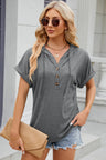 Solid color hooded button loose short sleeved T-shirt top for women - V.I.P Digital Presence