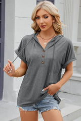 Solid color hooded button loose short sleeved T-shirt top for women - V.I.P Digital Presence