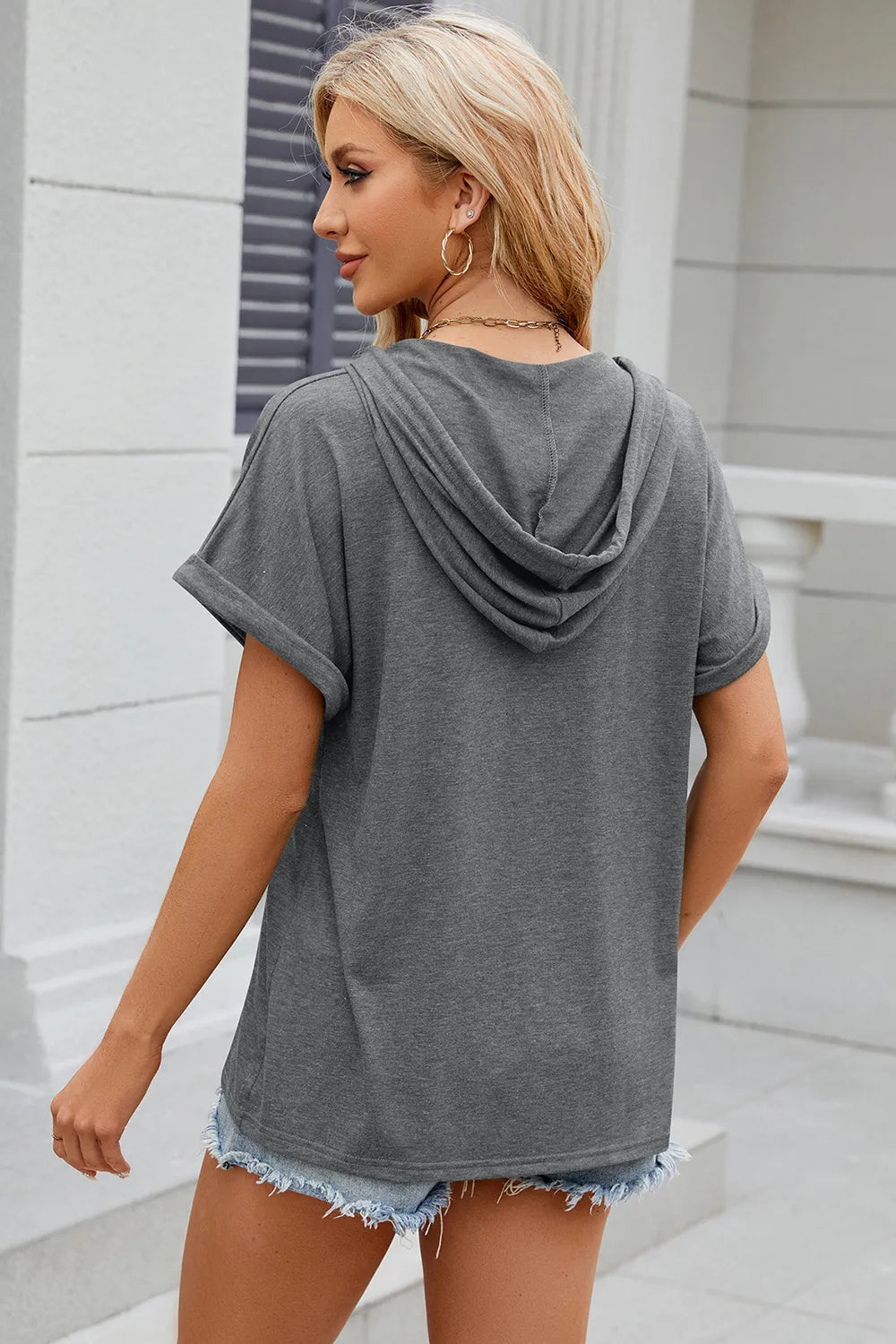 Solid color hooded button loose short sleeved T-shirt top for women - V.I.P Digital Presence