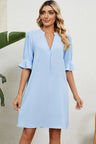 Solid color V-neck loose pleated five quarter sleeve dress for women - V.I.P Digital Presence