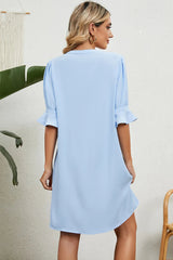 Solid color V-neck loose pleated five quarter sleeve dress for women - V.I.P Digital Presence