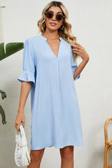 Solid color V-neck loose pleated five quarter sleeve dress for women - V.I.P Digital Presence