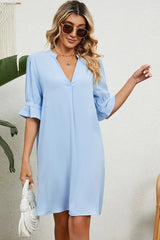 Solid color V-neck loose pleated five quarter sleeve dress for women - V.I.P Digital Presence