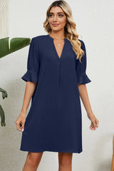 Solid color V-neck loose pleated five quarter sleeve dress for women - V.I.P Digital Presence